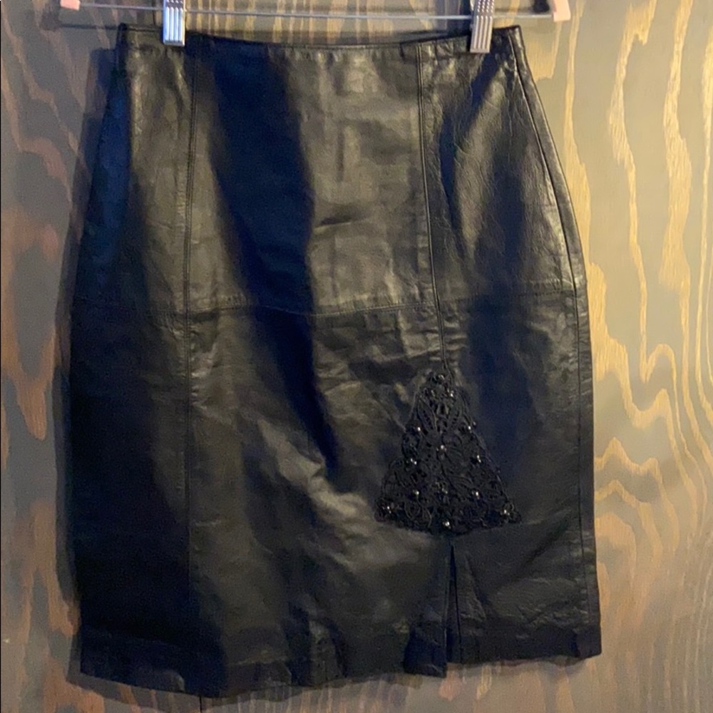 Lacy Afternoon black leather skirt lace detail